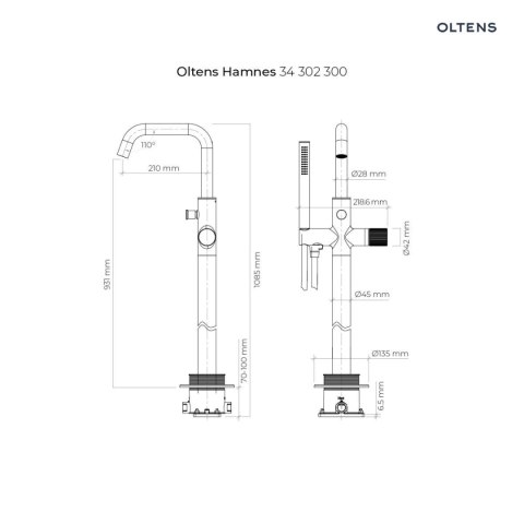 Bateria Wannowa Hamnes Wolnostojąca Czarny Mat